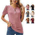 thumbnail image 4 of Camisa de manga abullonada con botones en la parte delantera, cuello redondo, estilo informal, camiseta diaria para mujer, 4 of 6