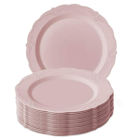 PARTY DISPOSABLE 20 PC DINNERWARE SET | 20 Dinner Plates | Heavyweight Plastic Dishes | Elegant Fine China Look | for Upscale Wedding and Dining (Vintage Collection â€“ Blush | 10.25 (Best Chinese Dishes In India)