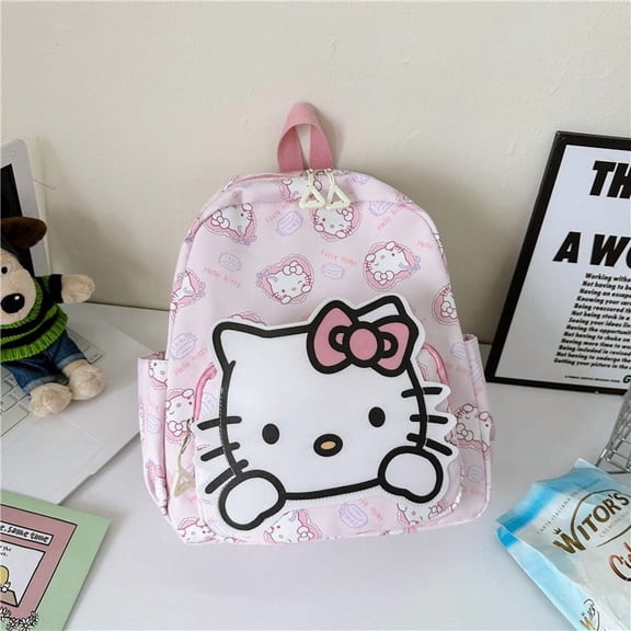 Cute Pink Hello Kitty cartoon-themed mini backpack, adjustable length with front and side pockets, perfect for toddler travel and as a lightweight school bag.