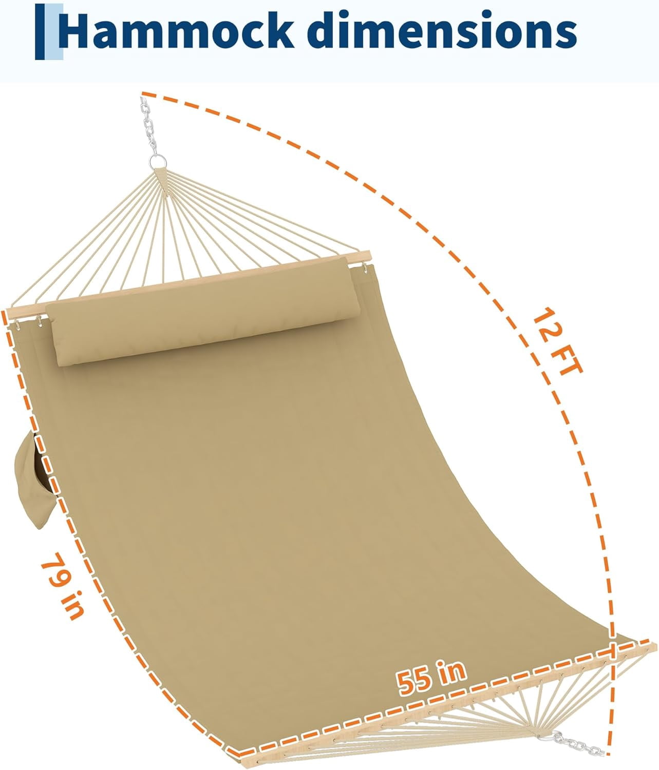 IdealHouse Double Quilted Fabric Hammock with Hardwood Spreader Bars and Pillow 450 LBS Capacity 2 Person Large Hammock for Outdoor Patio Backyard Poolside（Tan）