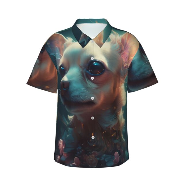Balery Cute Flower Chihuahua Puppy Camisas hawaianas de manga corta para hombre, camisas playeras de corte holgado, camisas de vacaciones con botones,X-Large