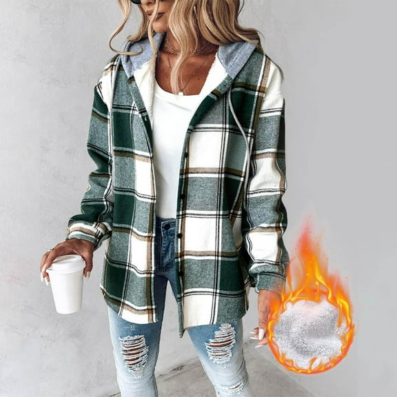 Kilaqueen Women's Plaid Shirts Button Down Long Sleeve Shacket Jacket Sherpa Fleece Lined Hoodie Casual Trendy Fall Winter Warm Blouse Top Coat