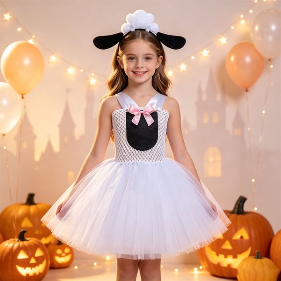 Huowey Toddler Kids Halloween Dress Sheep Animal Tulle Tutu Dress-Up Party Dresses With Headband V-Neck Wide Strap Trick Or Treat Cute Festival Clothes,White,7-8 Years