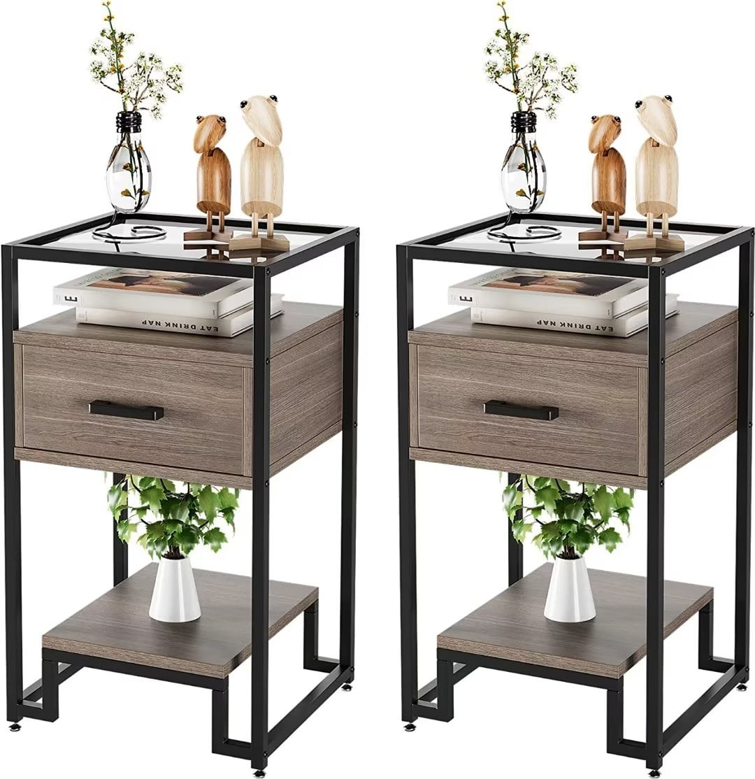 Rustic Brown and Black 3-Tier Nightstand Set with Glass Top