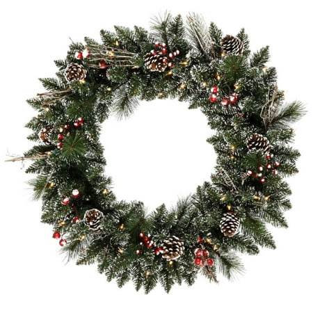 30" Pre-Lit Snow Tipped Pine w/ Berries & Pine Cones Christmas Wreath - Clear