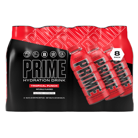Prime Hydration Sports Drink, Tropical Punch, 16.9 fl oz, 8 Pack, Bottles