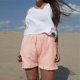 thumbnail image 3 of Pantalones cortos casuales para mujer con ribete de volantes, cintura elástica, bolsillos laterales de color puro, pantalones cortos holgados, color rosa XL, 3 of 6
