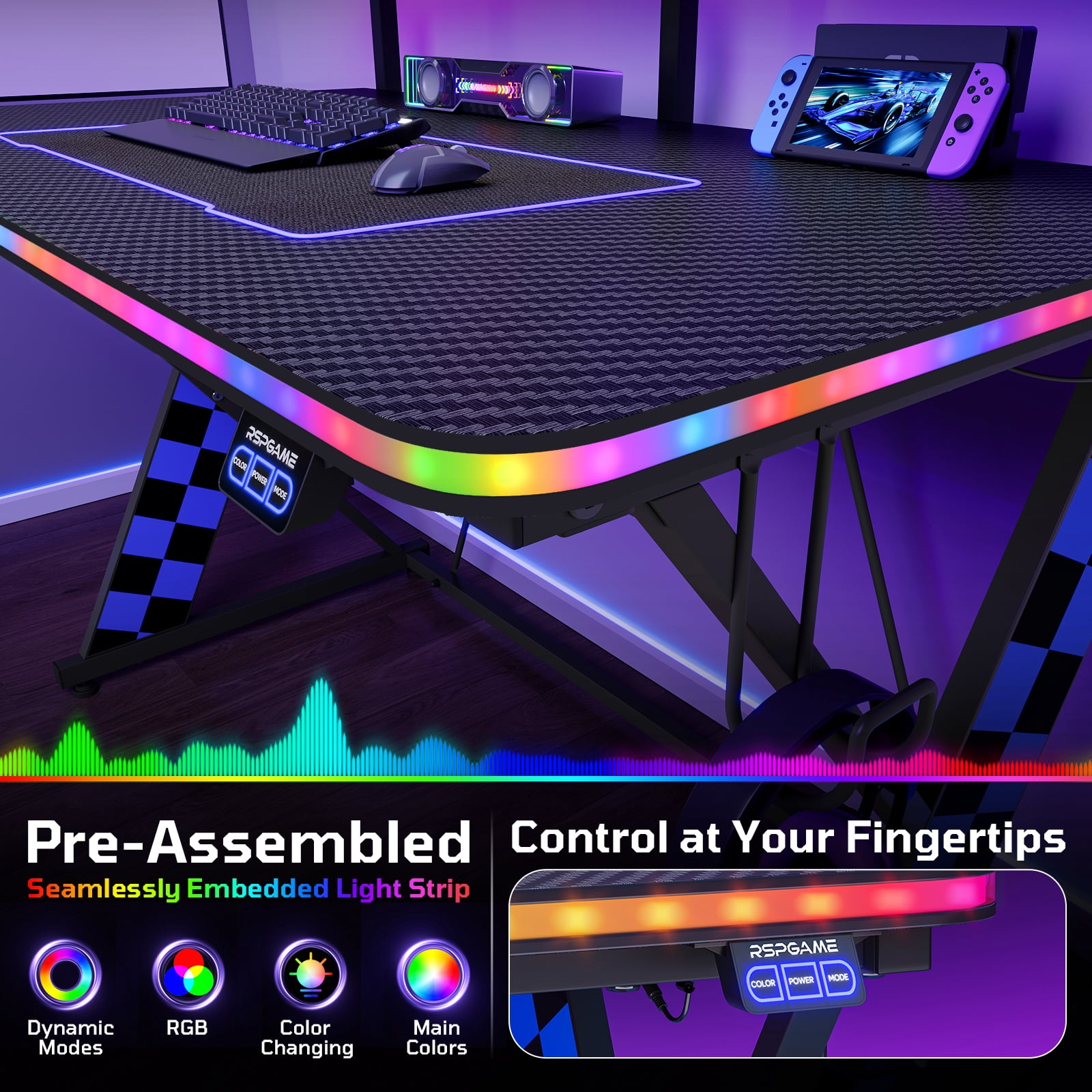 RSPGAME 43" Music Sync LED Gaming Desk,X-Shape Ergonomic Monitor Stand Gamer Table,PC Desk with Dynamic Lighting,Color Changing Office Desks,Blue Racing
