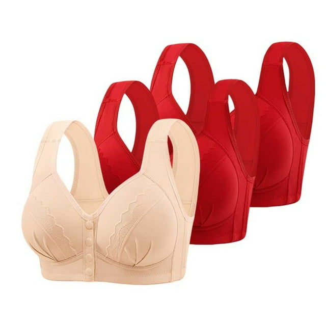 Women's 3PC Adjustable Support Bra with Lace Embroidered Design, Wireless Full Coverage Comfort Bra for Older Women, Front Closure Supportive Underwear for Daily Wear and Post Surgery Recovery Red L