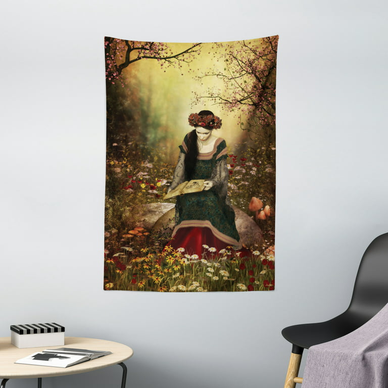 Medieval Decor Wall Hanging Tapestry, Lady Sitting on A Stone and Reading  Book Forest Flowers Grass and Trees Medieval Time Art, Bedroom Living Room  Dorm Accessories, 60 X 80 Inches, by Ambesonne 