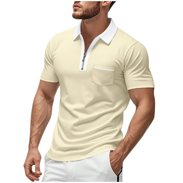 Mens Casual Manga Corta Botón Abajo Camisas, Verano Casual, Cremallera Solapa Bolsillo Turndown Collar Camisa