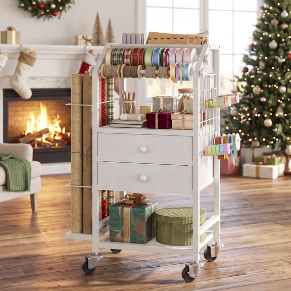HOOBRO Rolling Wrapping Paper Storage Cart with 2 Drawers, Ribbon Rods & Locking Casters, White