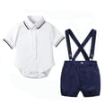 thumbnail image 4 of Staki Toddler formal Outfit Boy Newbron Baby Boy Summer Outfit Cotton Linen Button Short Sleeve Bowtie Shirt Romper Suspender Shorts Set 3M 6M 9M,Blue 3-6 Months, 4 of 9