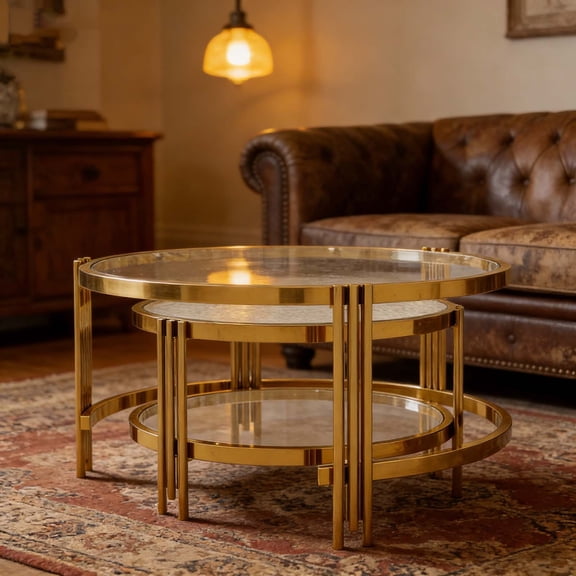 Round Coffee Table Set 2-Piece Gold, Tempered Textured Glass Modern Tables for Living Room, 32.75 Inch Space-Saving
