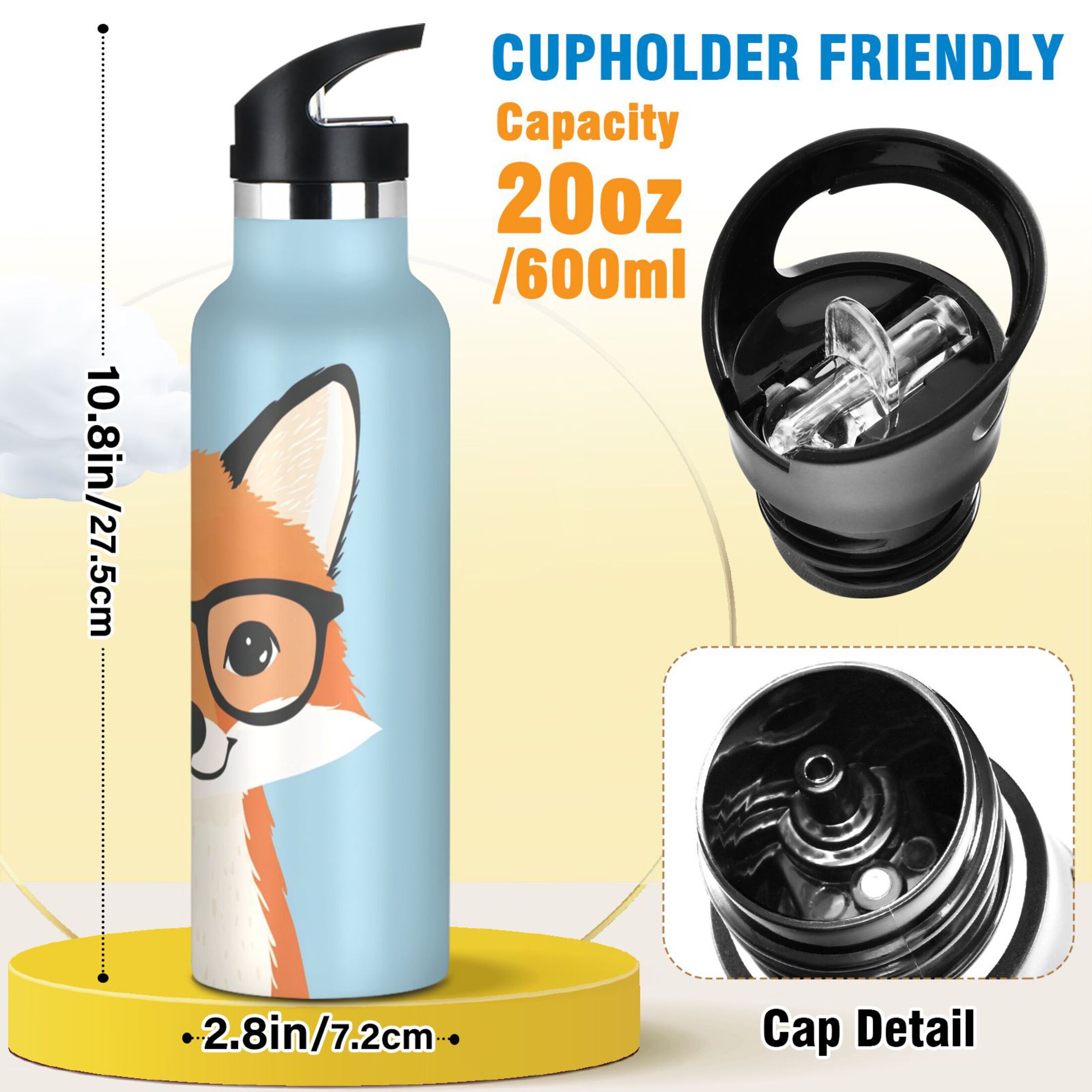 600ML Stainless Steel Insulated Cup Sports Water Bottle Portable Thermos Cup Water Glasses Insulated Tumblers Convenient and Durable Orange Fox