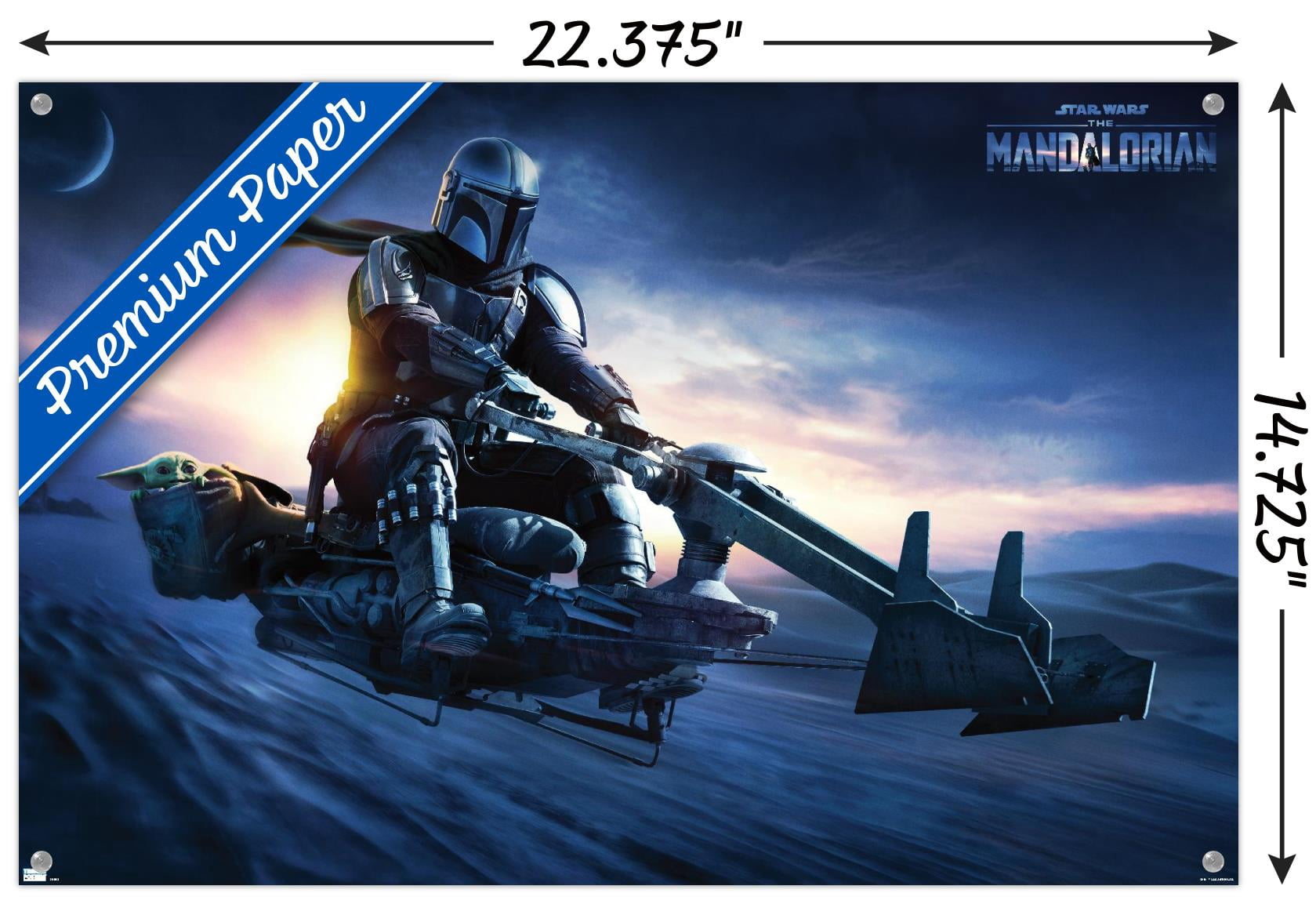 Star Wars: The Mandalorian - Grogu Sunset Speeder Wall Poster with Pushpins, 14.725" x 22.375"