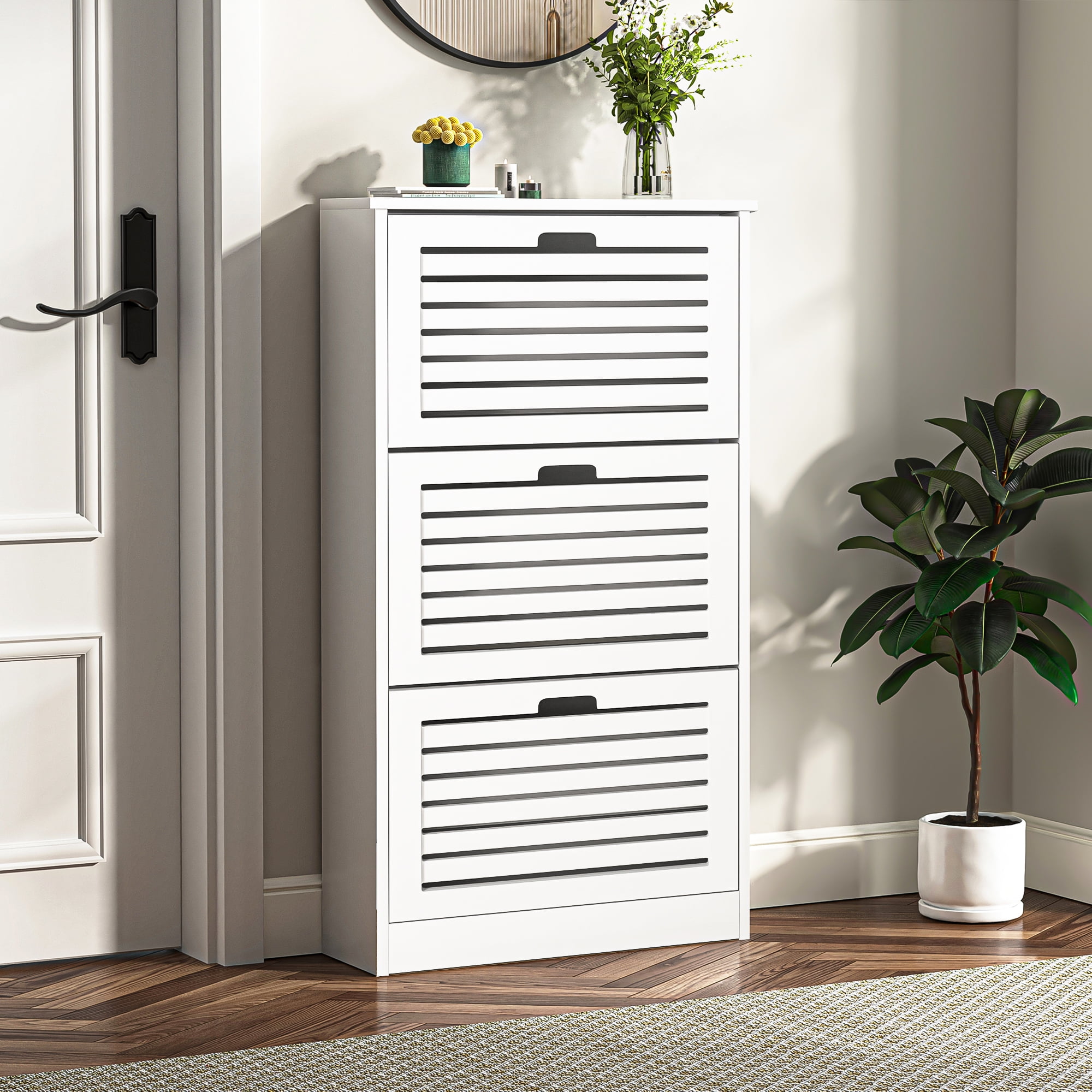 Kadyn Shoe Cabinet, Freestanding Shoe Rack Storage Organizer for Entryway with 3 Flip Drawers, White Wooden Entryway Shoe Storage Organizer Kadyn Shoe Cabinet, Freestanding Shoe Rack Storage Organizer for Entryway with 3 Flip Drawers, White Wooden Entryway Shoe Storage Organizer