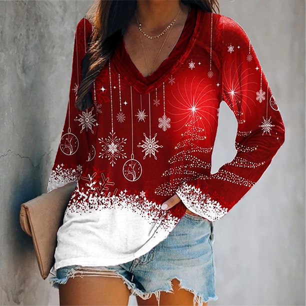 Pntutb Moda Mujer Cuello en V Camiseta de manga larga Otoño Impresión Chirstmas Blusa suelta tops Sudadera Pntutb Pntutb-5057