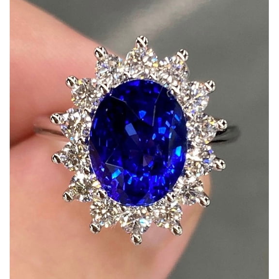 6.2ct Unheated Untreated Natural Oval Cut Blue Sapphire & Moissanite Gemstone Handmade Solitaire 925 Sterling Silver Wedding Gift Ring for Her