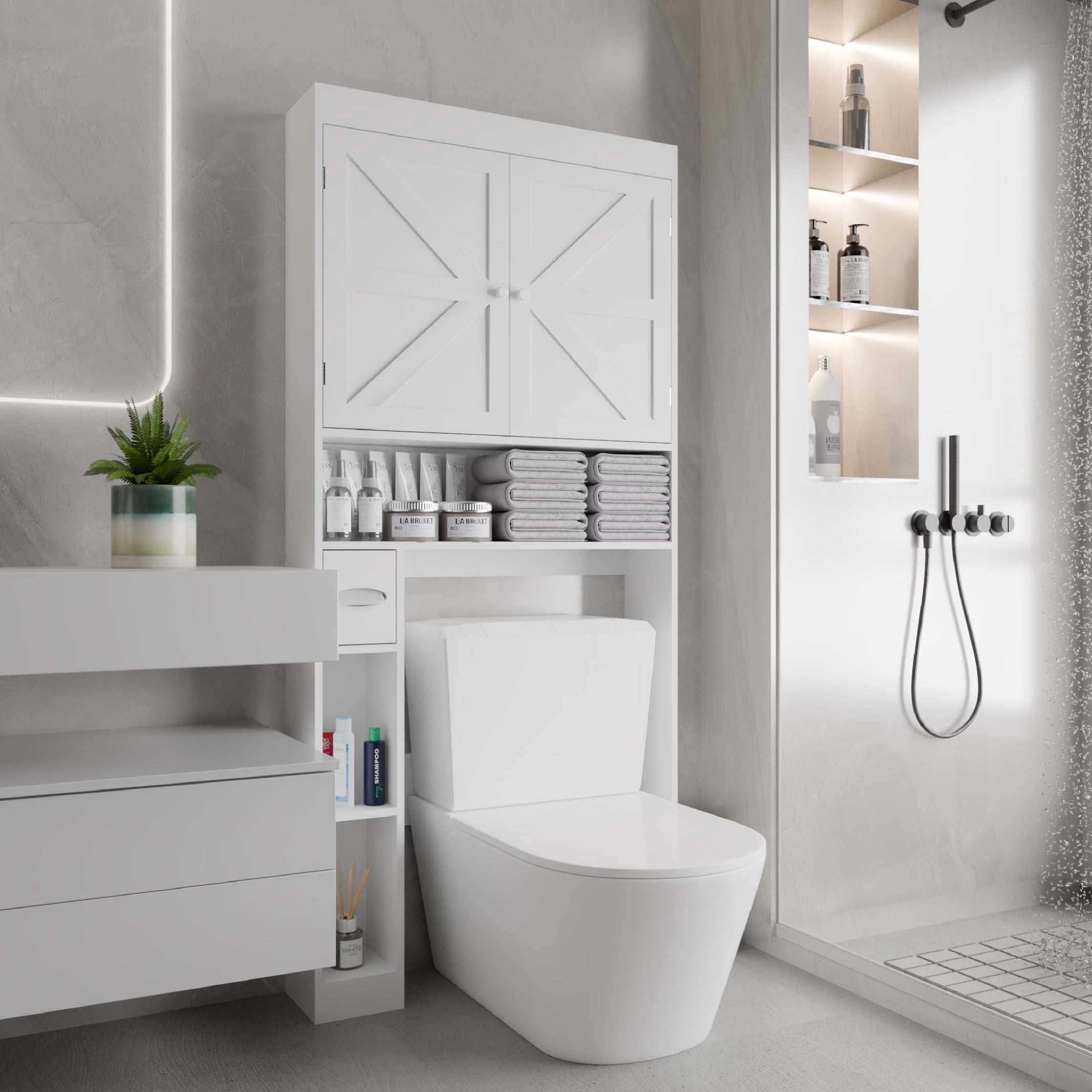 MAYEERTY Over-The-Toilet Storage Cabinet, Farmhouse Style, Bathroom Space Saver with 2 Doors