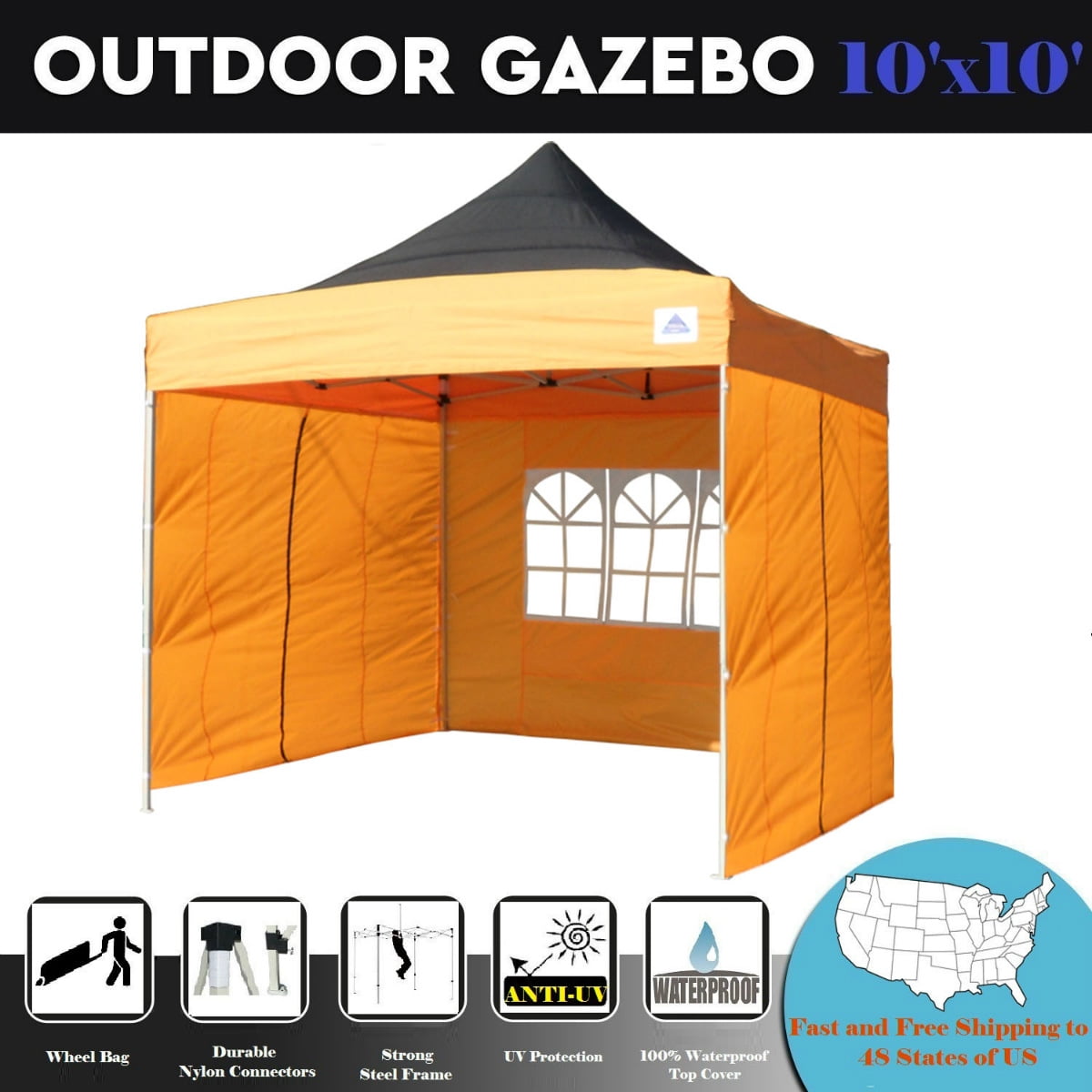 F Model with Upgraded Frame Black Orange 10'x10' Pop Up Canopy Party Tent EZ 