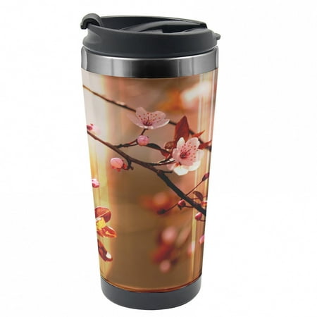 

Nature Travel Mug Sakura Flourishing Steel Thermal Cup 16 oz by Ambesonne