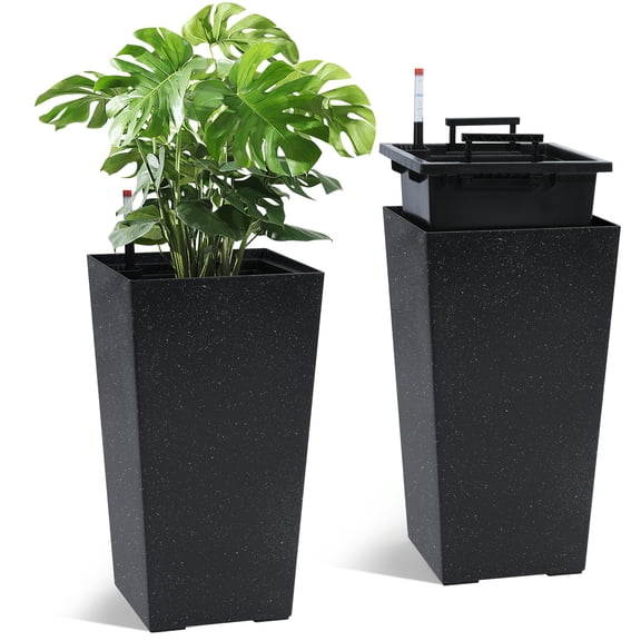 Black with White Dots Modern Planter Set - 2 Pack 22.5” Self-Watering Pots for Porch & Patio, Includes Water Gauge and Inner Pot
