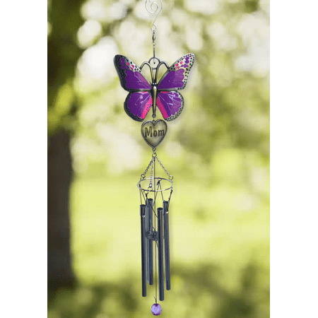 Engraved Wind Chimes - Mom Windchimes - Purple Butterfly Wind Chime Design with Engraved Mother Heart - Garden Chimes