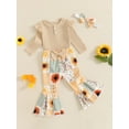 thumbnail image 3 of Suealasg Baby Girl Halloween Outfit Newborn Girl Spring Fall 3Pcs Clothes 3 6 9 12 18 Months Infant Girl Long Sleeve Ribbed Romper Sunflower Pattern Flare Pants Headband Set, 3 of 7