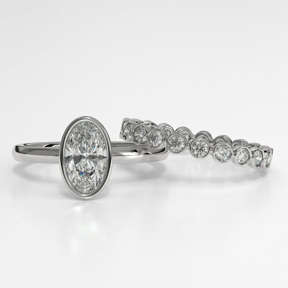 Oval Cut Diamond Bridal Wedding Ring Set, Bezel Set Diamond Ring Set, Solitaire Diamond Ring With Matching Bubble Band, 2.5 Ct Simulated Diamond, 925 Sterling Silver, Engagement Ring Set