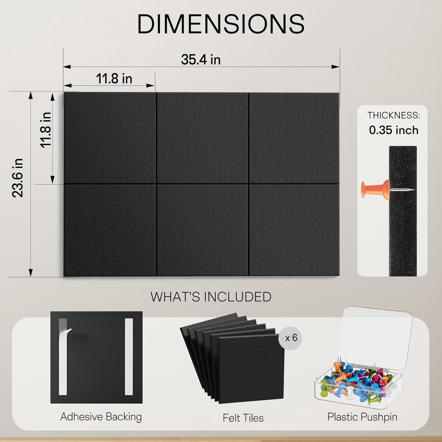 Large Felt Bulletin Board 36" x 24", Cork Board Alternative, 6 Pack Black Felt Wall Tiles with Push Pins, Cork Boards for Walls Pin Board for Office & HomePanels