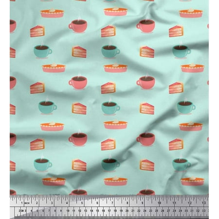 Soimoi Moss Georgette Fabric Cake Slice & Coffee Beverages Print Fabric by The Yard 42 Inch Wide