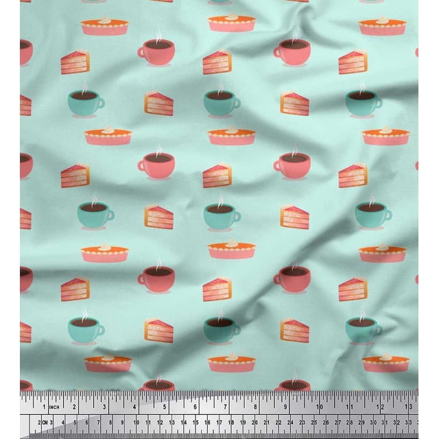 Soimoi Polyester Crepe Fabric Cake Slice & Coffee Beverages Decor Fabric Printed Yard 52 Inch Wide