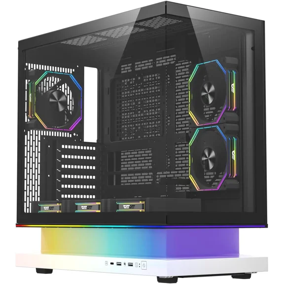 darkFlash FLOATRON F1 ATX Mid Tower Gaming PC Case, 270° Frameless Tempered Glass, Floating ARGB Base, 6× ARGB Fans, Back Connect Motherboard Ready, 360mm Radiator Support, 415mm GPU, USB-C,white