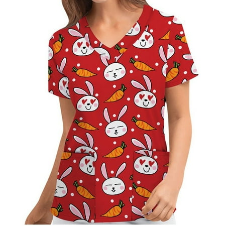 

Aunavey Women Easter Rabbit Print Scrub Shirt Tops Short Sleeve v Neck Pocket Working Uniform Medical Workwear