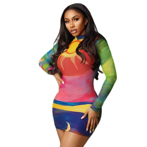 Women's Colorful Rainbow Print Turtleneck Long Sleeve Hips Wrapped Mini Dress