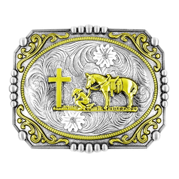 Moranse Religion Cross Cowboy And Horse Design Belt Buckles (Square Golden)