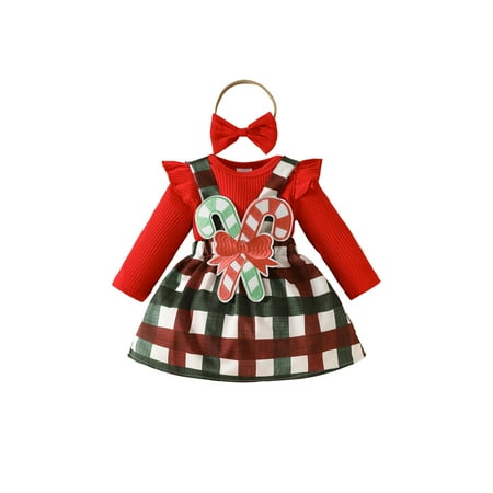 

Wilcliar Baby Girls Christmas Outfit Long Sleeve Ribbed Romper Candy Cane Patch Suspender Skirt