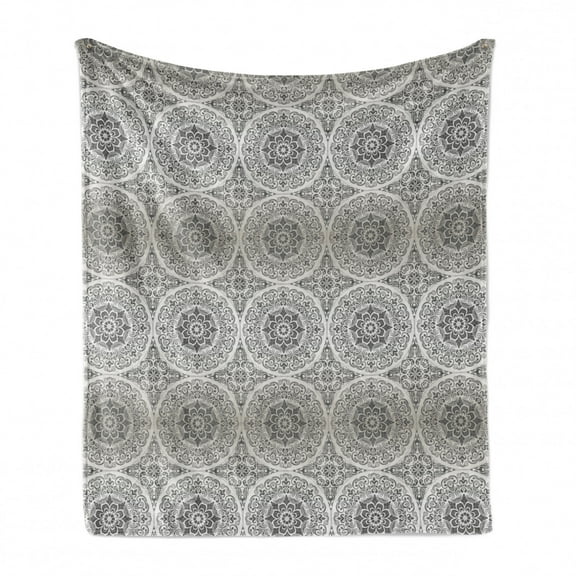 Floral Soft Flannel Fleece Throw Blanket, Botanical Gradient Flowers Circular Motifs Curlicue Ornate Illustration, Cozy Plush for Indoor and Outdoor Use, 70" x 90", Dust Ivory and Grey, by Ambesonne