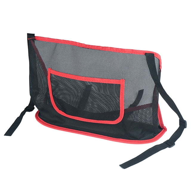 Organizador de malla plegable para asientos de auto, color negro con bordes rojos, material resistente, tamaño 41x26x11.5 cm, ideal para mantener tu auto ordenado.