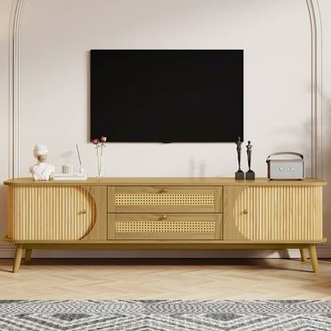 PORKISS TV Stand for 75 Inch TV, Farmhouse TV Console with Storage Drawers and Sliding Door, Entertainment Center Television Stands for Living Room, Natural Wood