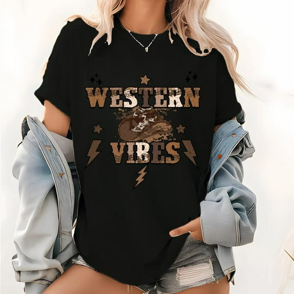 Womens Western Vibes Print T Shirts Country Graphic Tees Retro Cowgirl Short Sleeve Casual Tops Black,S
