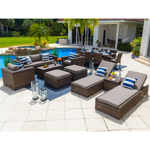 Tuscany 18-Piece Resin Wicker Outdoor Patio Furniture Combination Set with Sofa Lounge Set, Eight-seat Dining Set, and Chaise Lounge Set (Half-Round Brown Wicker, Sunbrella Canvas Taupe)