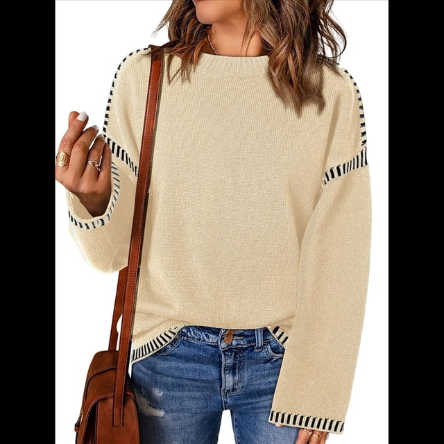 Suéteres para Mujer, Cuello Redondo Liso, Corte Holgado, Larga, Punto en Contraste, Jersey, Tops Albaricoque XL