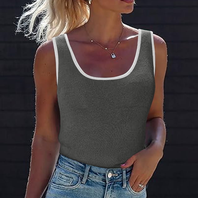Fankiway Camisole top Womens Solid Contrasting Colors Refreshing Wicking Tank tops Summer Sleeveless Scoop Neck Ribbed Knit Color Block Basic Slim Fitted Cami Tee Shirts Womens tops Clearance