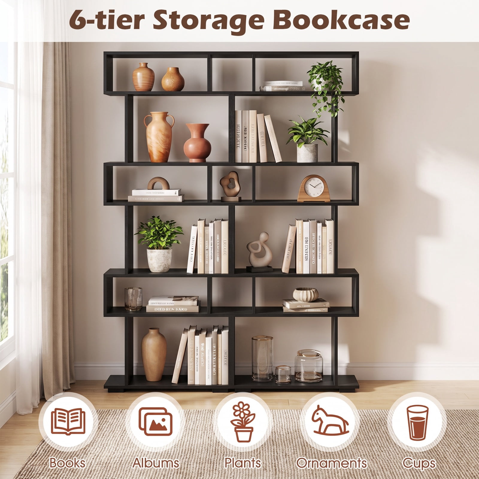 Furnibear 6-Tier Geometric Bookshelf with 2 Anti-Tipping Kits for Home Office for Living Room Home Office Bedroom Display Storage Shelf, Black