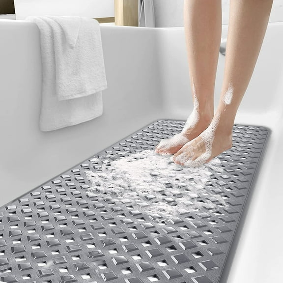 Bathtub Mat Non Slip Bath Mat for Tub Shower Mat Dinosam Bath Tub Mat 16 x 35 Extra Long Rubber Bath Mat, Suction Cups, Drain Holes, Machine Washable Bathroom Mat,Gray