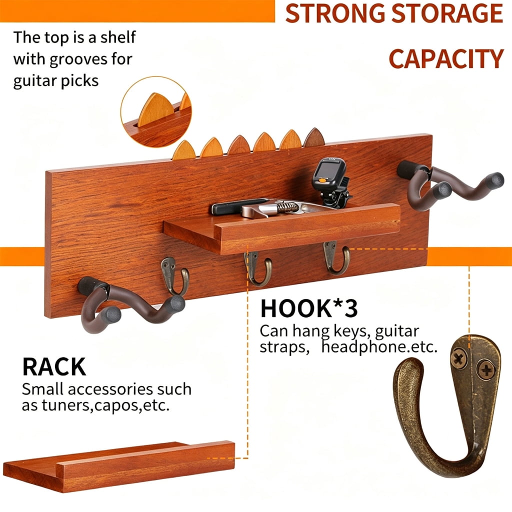 Miiottaa Elegant Wooden Guitar Hook with Shelf Suitable for Compact Instrument Storage
