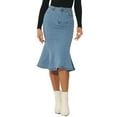 thumbnail image 1 of Unique Bargains Women's Ruffled Fishtail Hem Bodycon Midi Denim Skirt, Light Blue, XS, 1 of 5