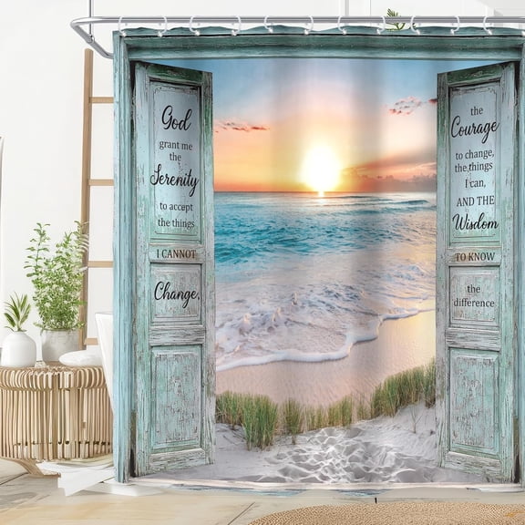 Inspirational Quote Shower Curtain for Bathroom Decor 72Wx72H Ocean Beach Teal Barn Door Hawaiian Sunset Scenery Sea Wave Rustic Art Printed Fabric Polyester Waterproof 12 Pack Plastic Hooks